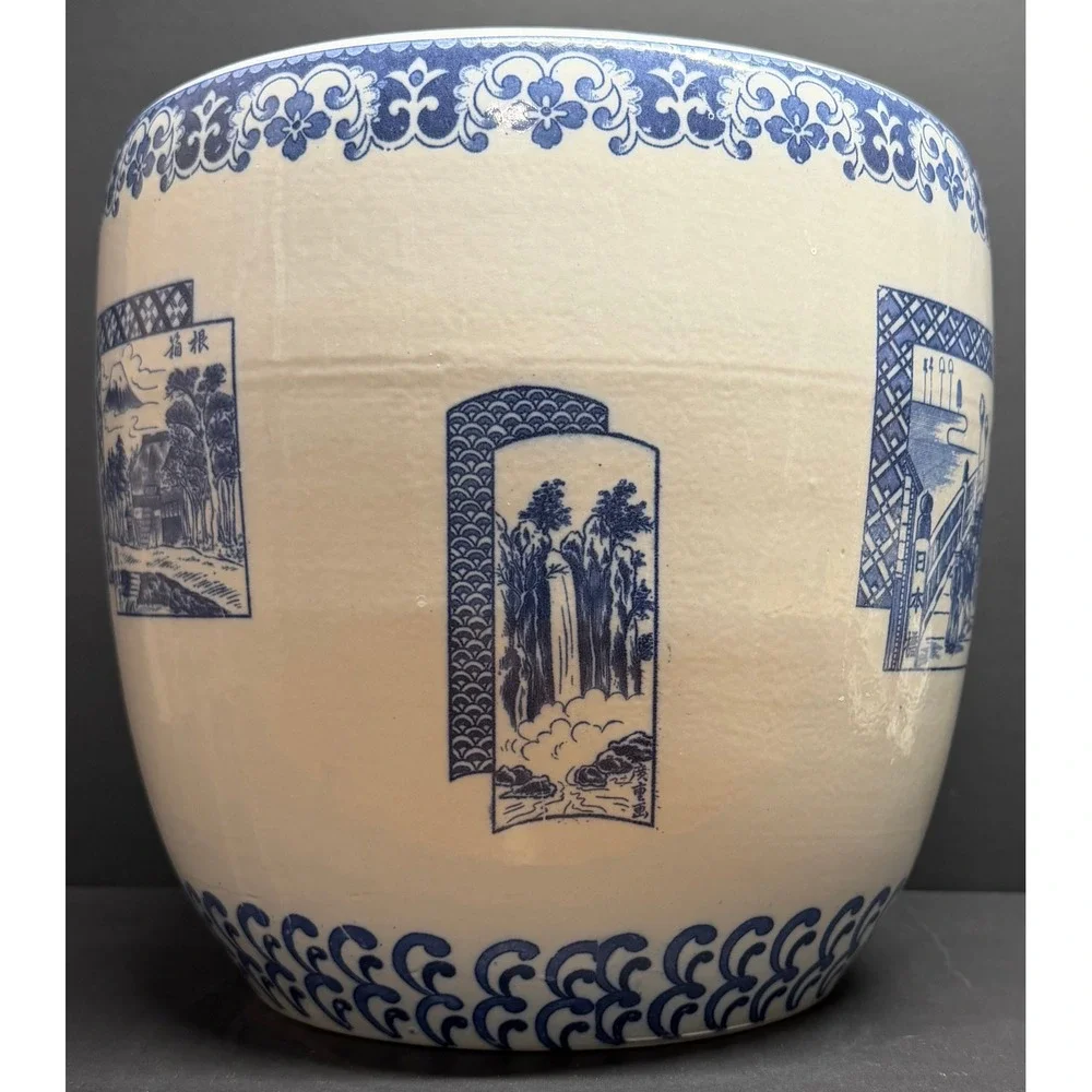 Vintage Japanese Blue and White Ceramic Planter Mount‎ Fuji Landscape Fishbowl